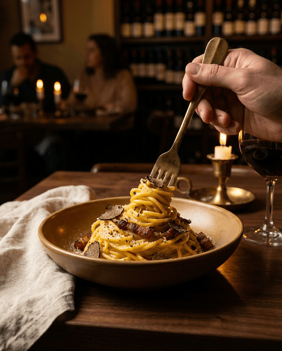 Bigoli alla carbonara con guanciale e tartufo